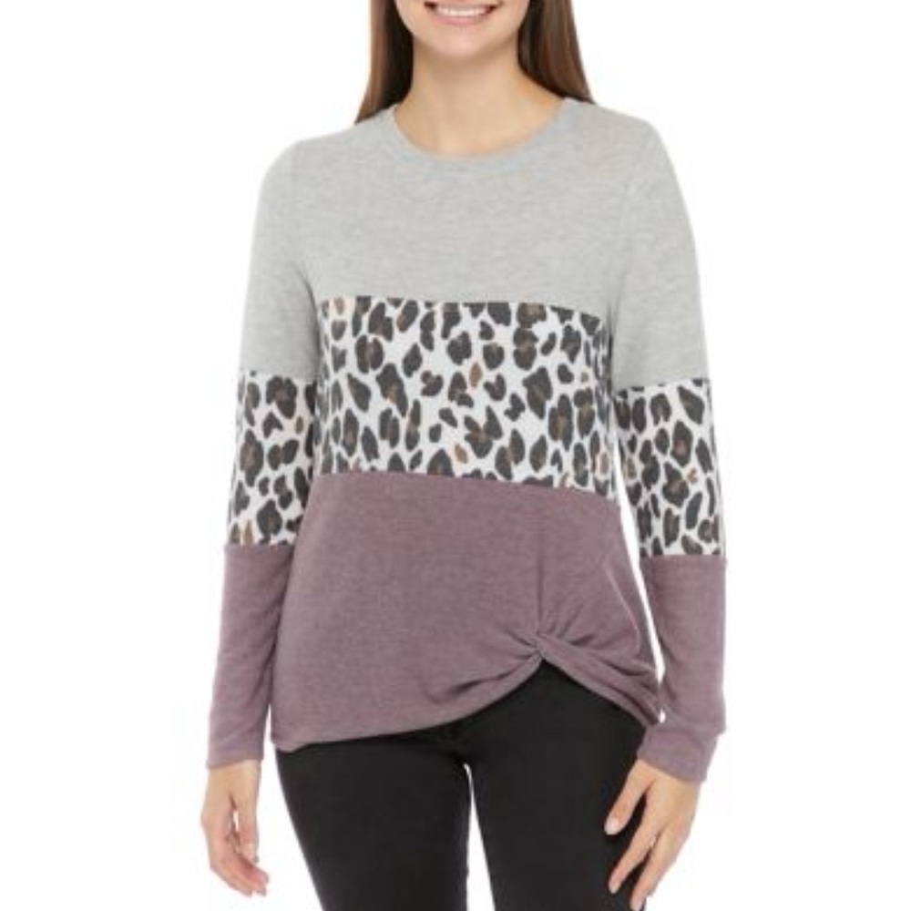 Women's Gray and Purple Colorblock Leopard Print Top